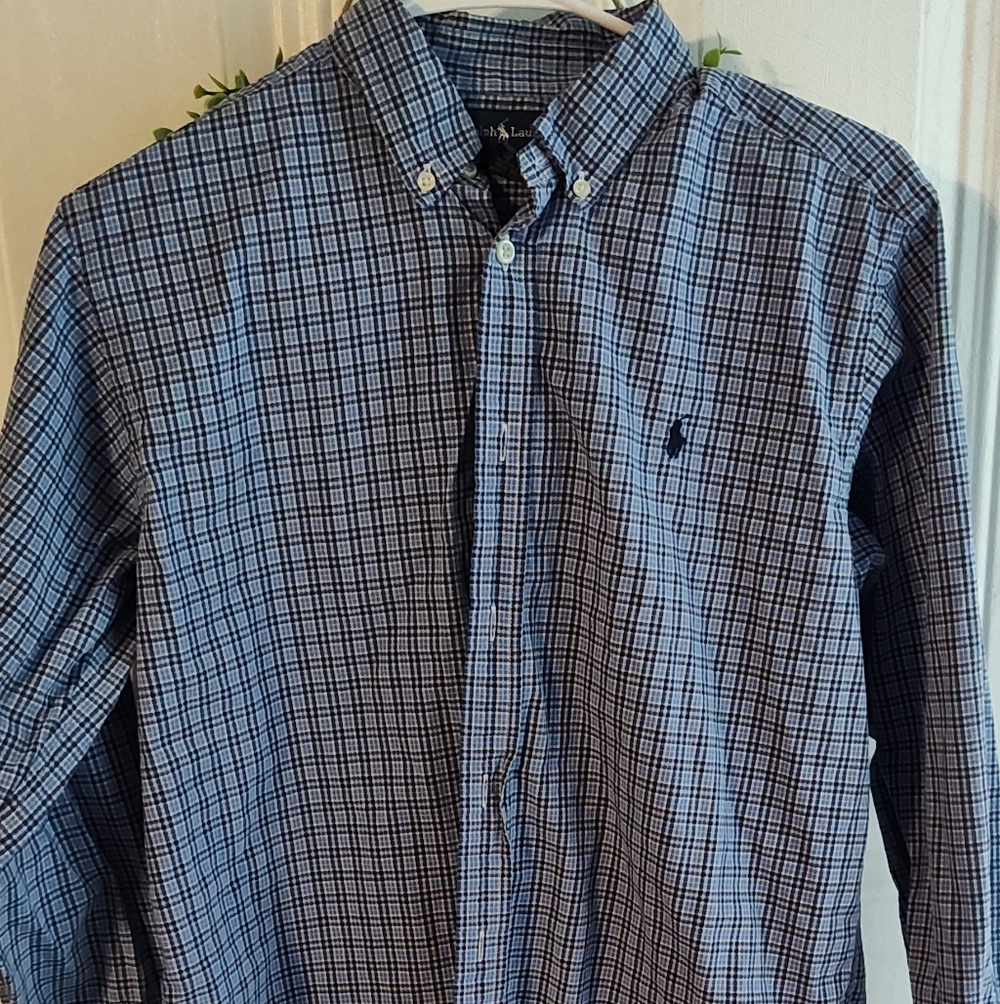 Ralph Lauren Light Blue and Navy Checked Button-Down Shirt.  Ous Size 18-20 (XL)